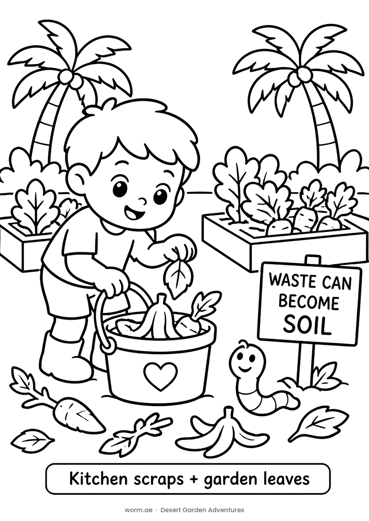 A child tipping peels and leaves into a bucket next to a sign reading waste can become soil.