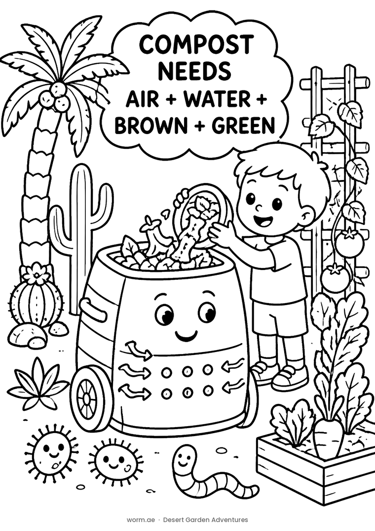 A smiling compost bin being fed scraps, with a thought bubble reading air plus water plus brown plus green.