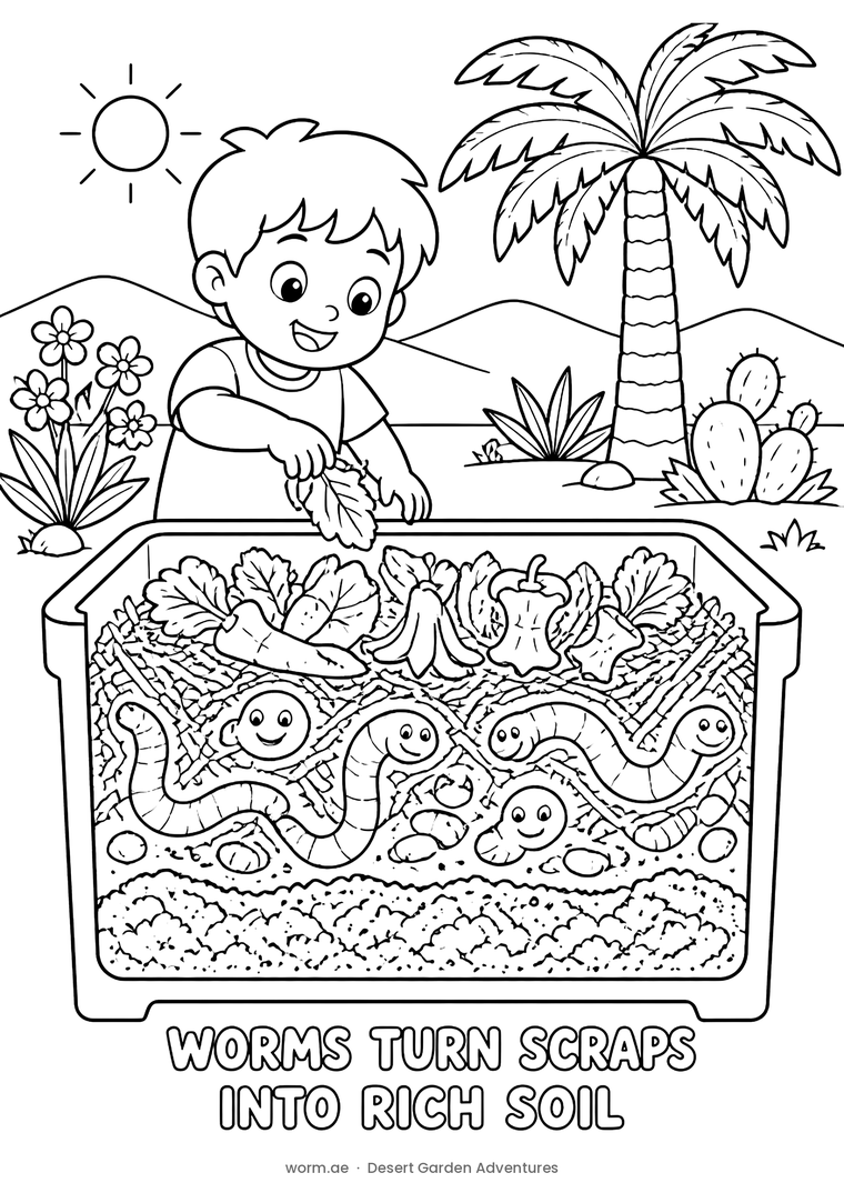 A child feeding a leaf into a worm bin layered with scraps, worms and dark castings.