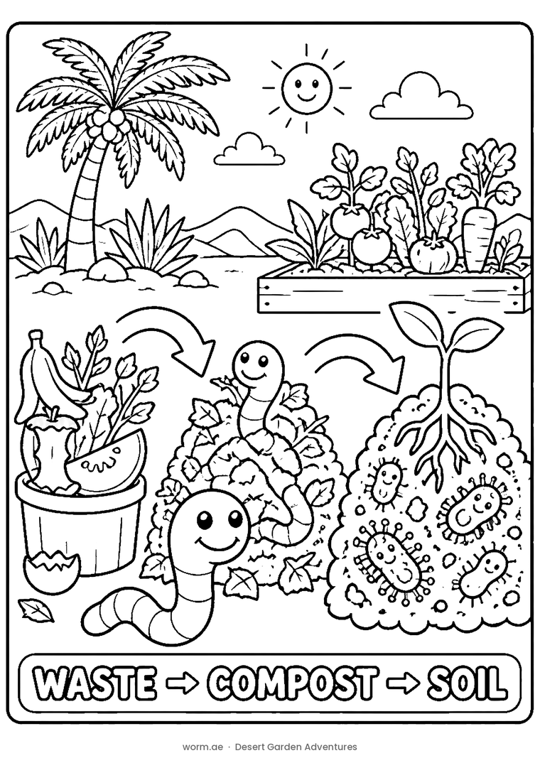 Three-step diagram: a bucket of scraps, a compost heap with worms, then soil full of microbes growing a seedling.
