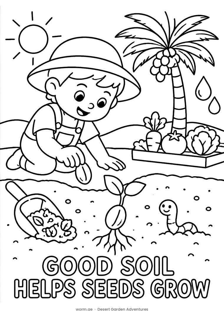 A child in a sun hat planting a seed beside a sprouting seedling, a scoop of compost and a worm.