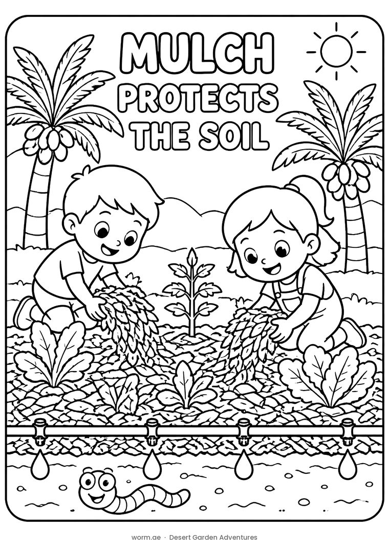 Two children spreading mulch over a vegetable bed above a drip irrigation line.