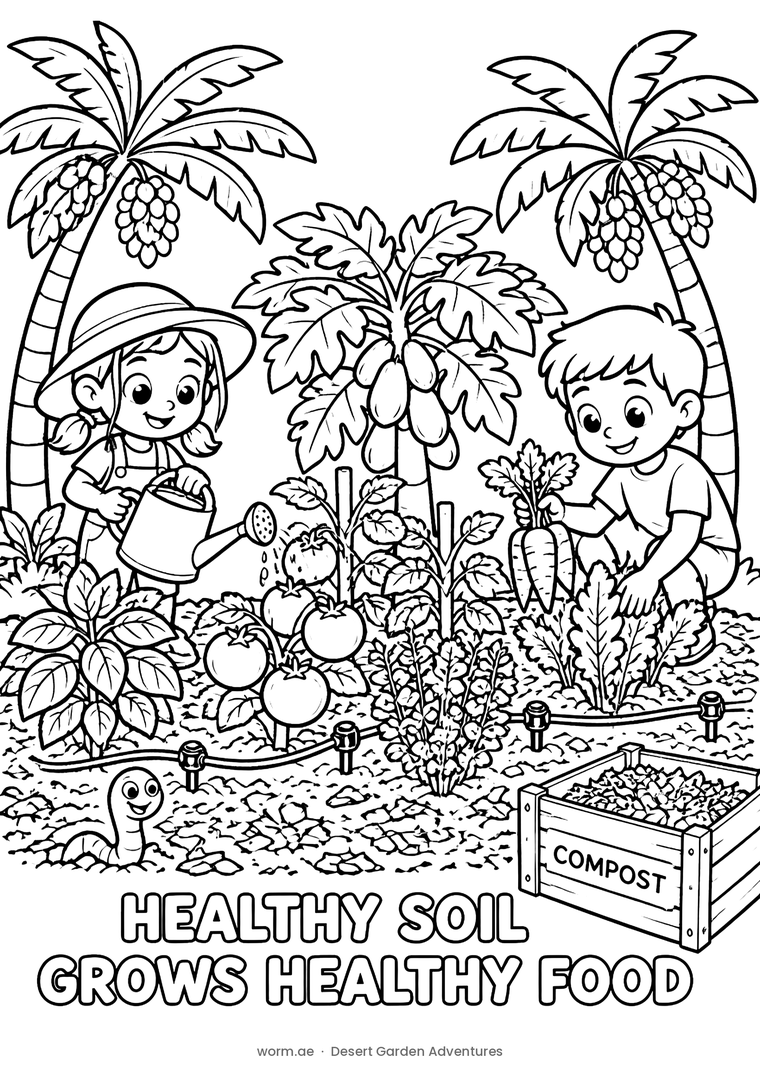 Two children watering and harvesting tomatoes and carrots beside a compost crate and date palms.