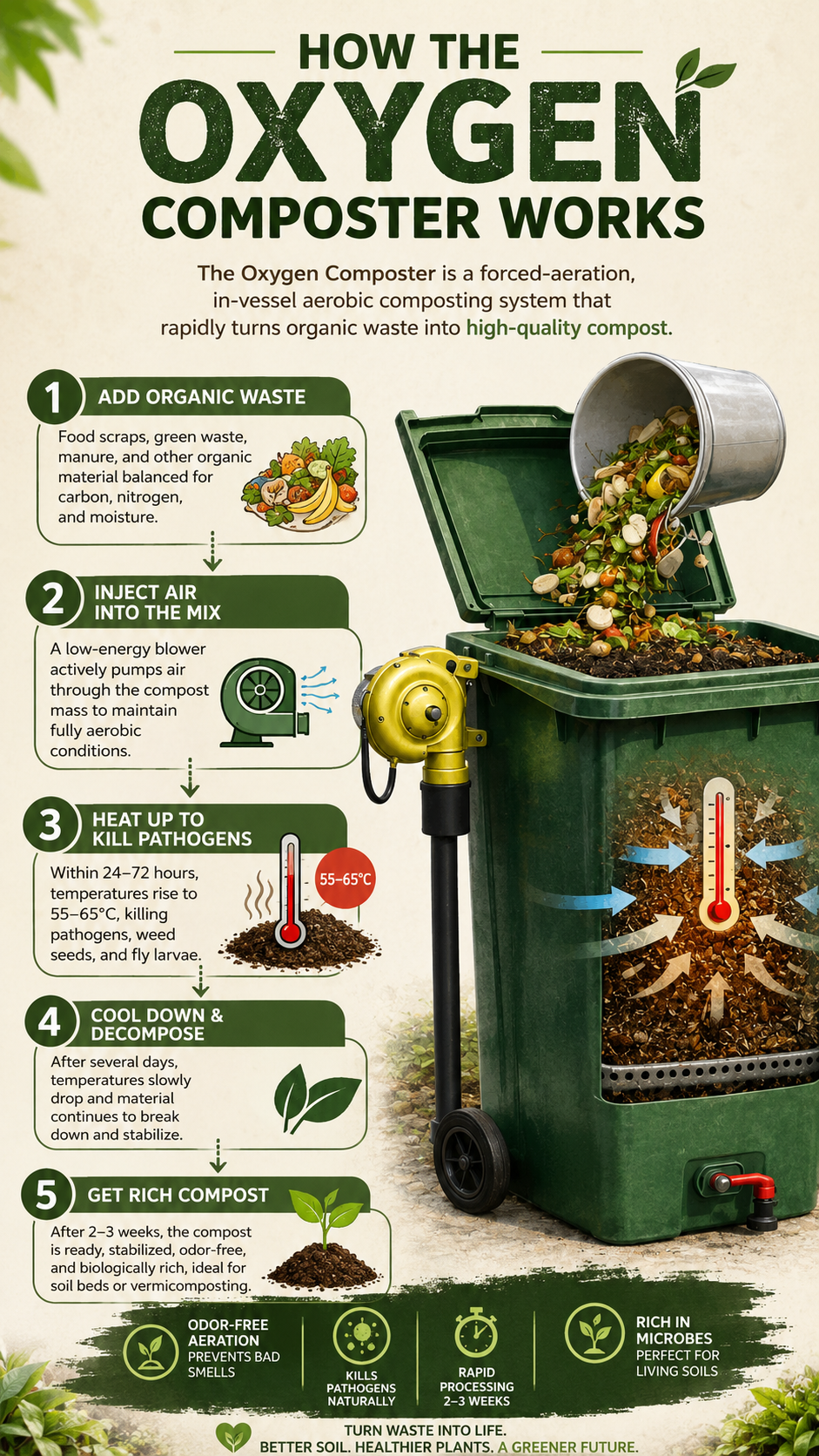 Diagram: how the Oxygen Composter works, from adding waste to harvesting rich compost